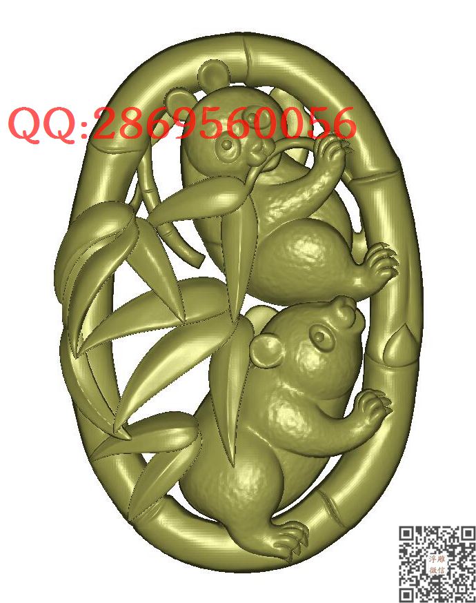 GD-067双面熊猫竹子挂件stl_STL圆雕图立体模型3d打印核雕精雕图浮雕图