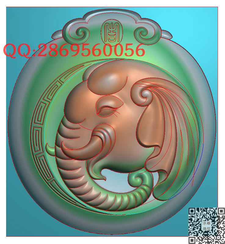 GDX-016椭圆象头_仿古动物挂件生肖牌子玉雕瑞兽精雕图浮雕图