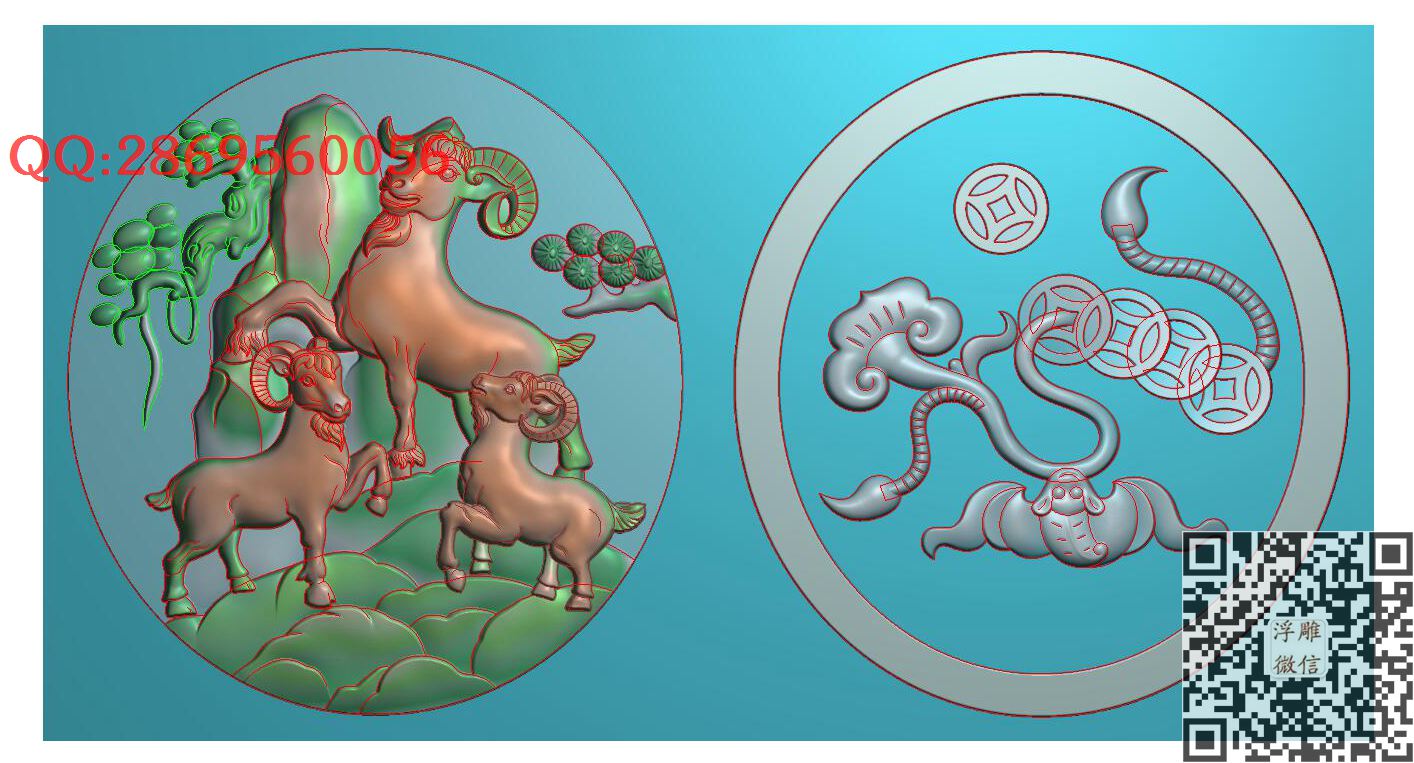 SY三羊开泰_仿古动物挂件生肖牌子玉雕瑞兽精雕图浮雕图
