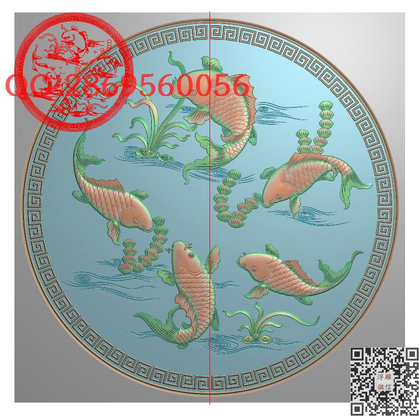 Y-019游鱼戏水圆匾带线_圆形背板靠背精雕图浮雕图
