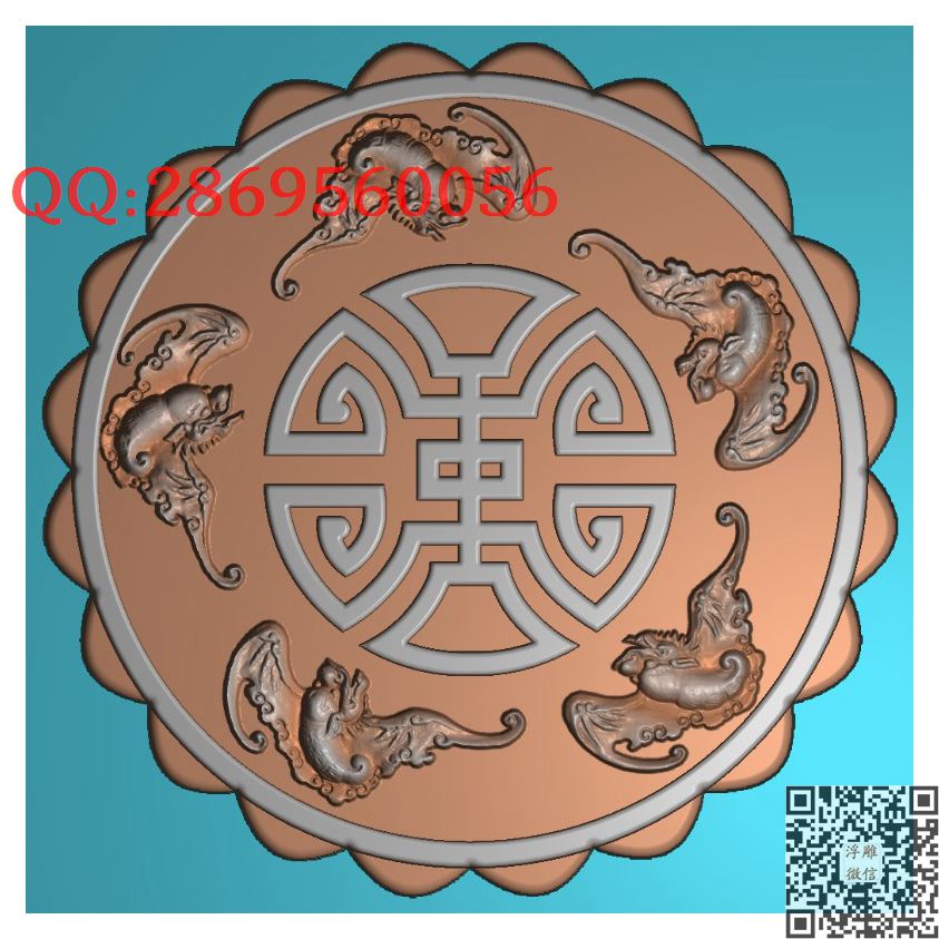 五福临门月饼模具图_圆形中秋月饼模具月饼模子精雕图浮雕图