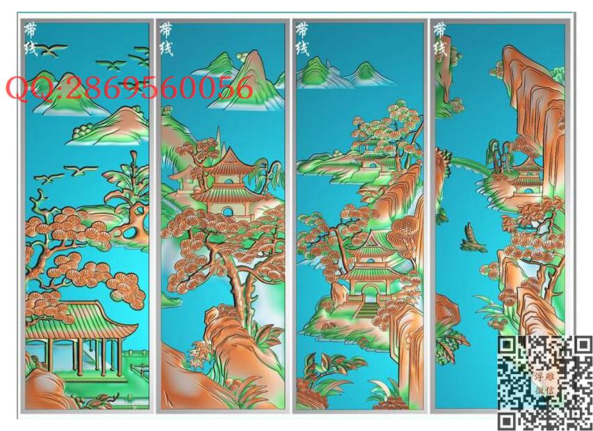 SSLG-003松树山水靠背4张带线_山水风景人物背板挂屏精雕图浮雕图