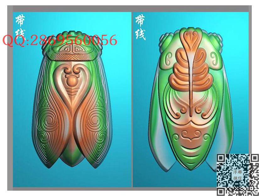 GNC-014双面金蝉知了带线_玉雕仿古挂件花件牌子46牌木雕图牙雕图46牌精雕图浮雕图