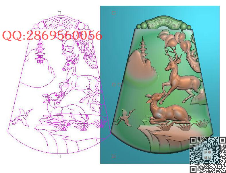 梅花鹿0008_玉雕仿古挂件花件牌子46牌木雕图牙雕图46牌精雕图浮雕图