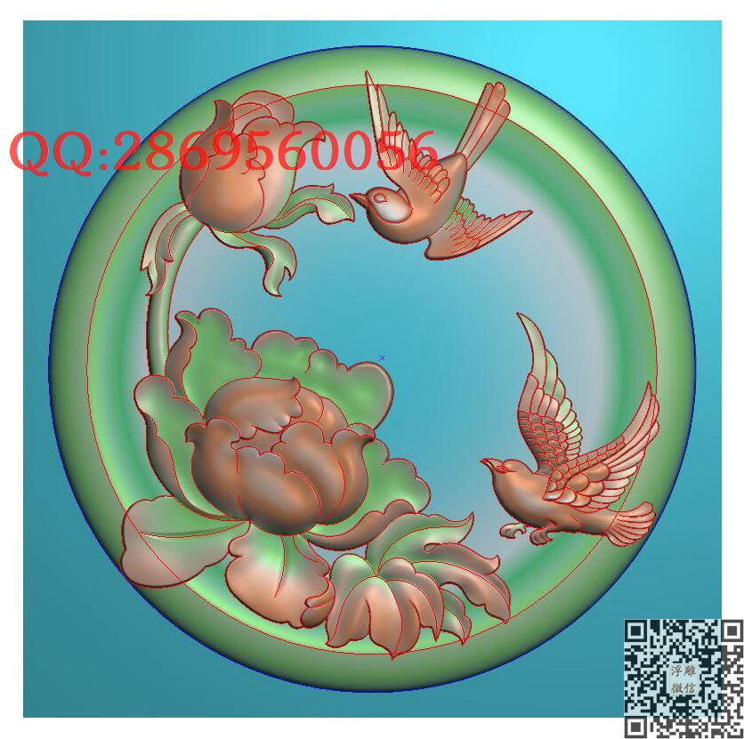 牡丹花鸟CB_玉雕仿古挂件花件牌子46牌木雕图牙雕图46牌精雕图浮雕图