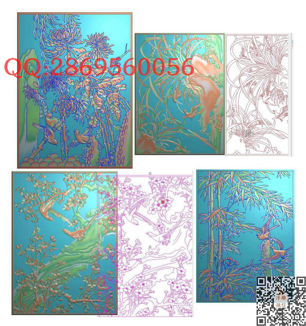 30梅兰竹菊_四季花鸟门板梅兰竹菊屏风精雕图浮雕图