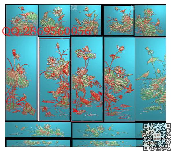 荷花顶箱柜H01_荷花屏风年年有余莲花背板精雕图浮雕图