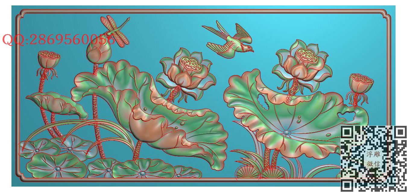 蜻蜓莲荷花鹊鸟背板640x295_荷花屏风年年有余莲花背板精雕图浮雕图