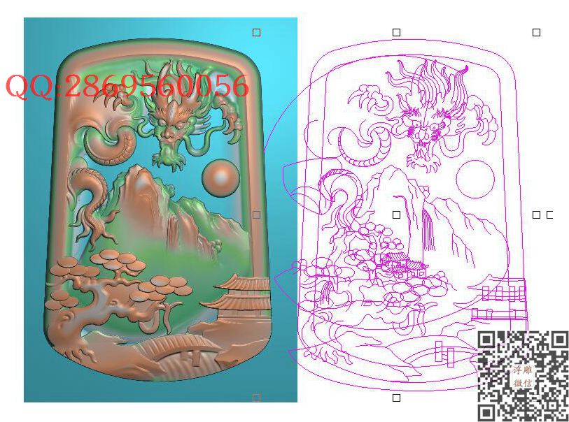 31013龙牌山水_龙凤呈祥龙凤戏珠精雕图浮雕图