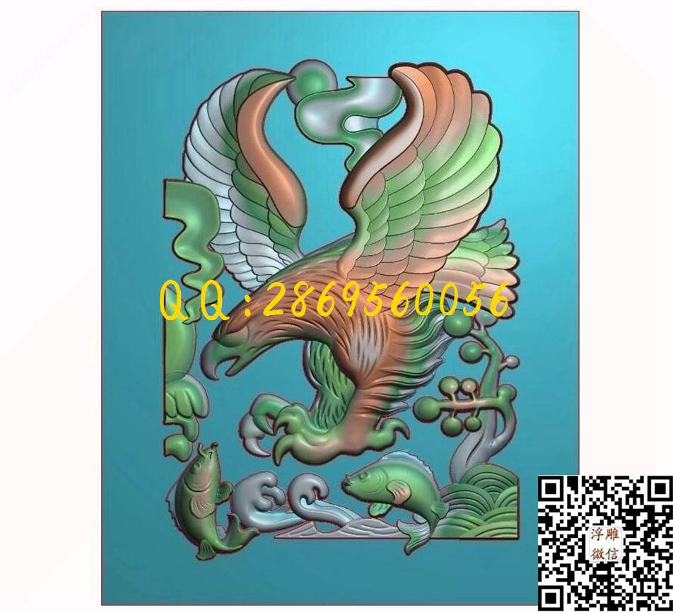 老鹰抓双鱼x1_瑞兽动物玉石雕刻玉雕挂件仿古牌子46牌精雕图浮雕图