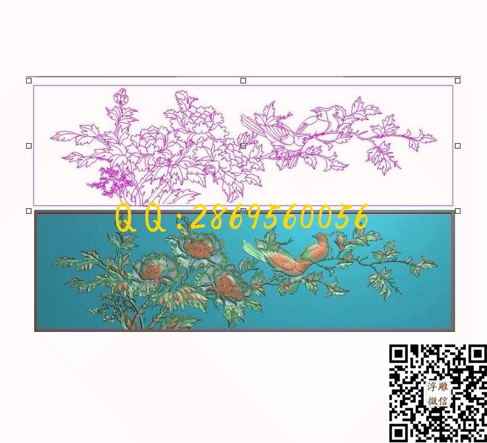 牡丹鸟1030_仿古四季花鸟门板背板靠背精雕图浮雕图