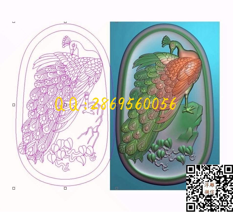 182孔雀_花草花鸟挂件牌子仿古兽牌玉石雕刻花件玉雕石雕精雕图浮雕图