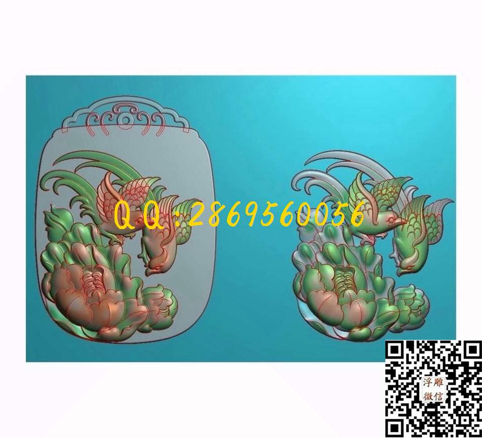 Y3577牡丹花鸟_花草花鸟挂件牌子仿古兽牌玉石雕刻花件玉雕石雕精雕图浮雕图