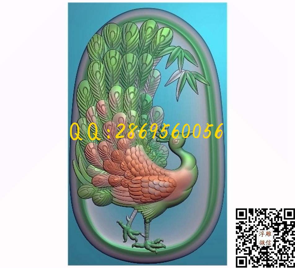 孔雀22_花草花鸟挂件牌子仿古兽牌玉石雕刻花件玉雕石雕精雕图浮雕图