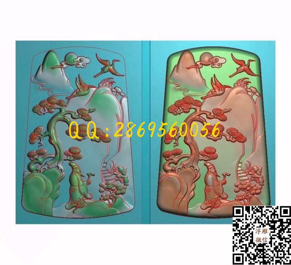 松鹤山水023_花草花鸟挂件牌子仿古兽牌玉石雕刻花件玉雕石雕精雕图浮雕图