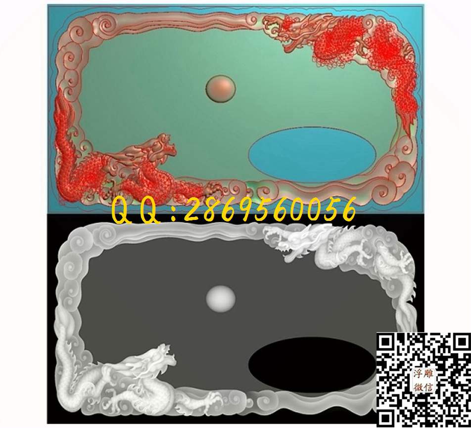 仿古木雕石雕茶盘雕刻图_09双龙望日茶盘精雕图浮雕图