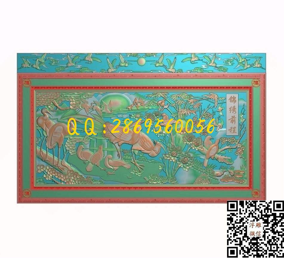 石雕图牌楼装饰仿古建筑_山水花鸟松鹤延年仙鹤松树锦绣前程终精雕图浮雕图