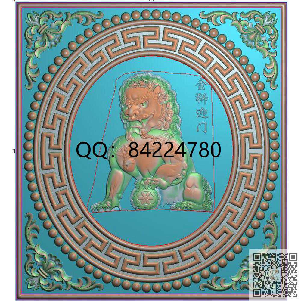 回纹珠边框狮子门板背板_藏式图古建图精雕图浮雕图