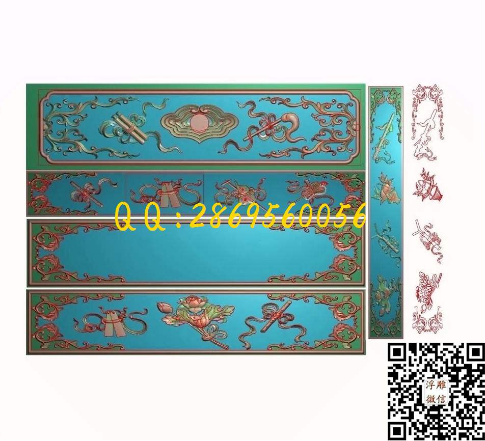 横版暗八仙八宝啸节板_八宝暗八仙精雕图浮雕图