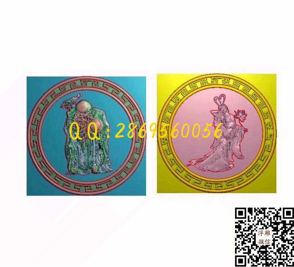 何仙姑寿星回纹边框80-80-3_圆形浮雕图圆屏图精雕图浮雕图