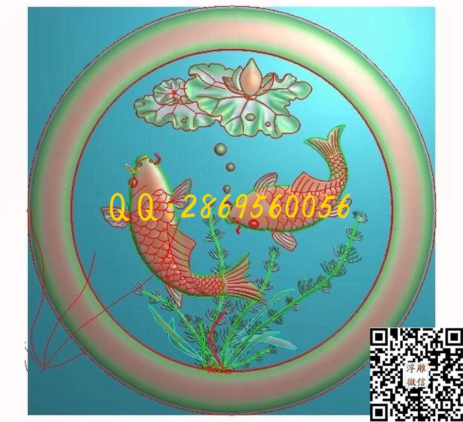 双鱼荷花图227-227-3_圆形浮雕图圆屏图精雕图浮雕图