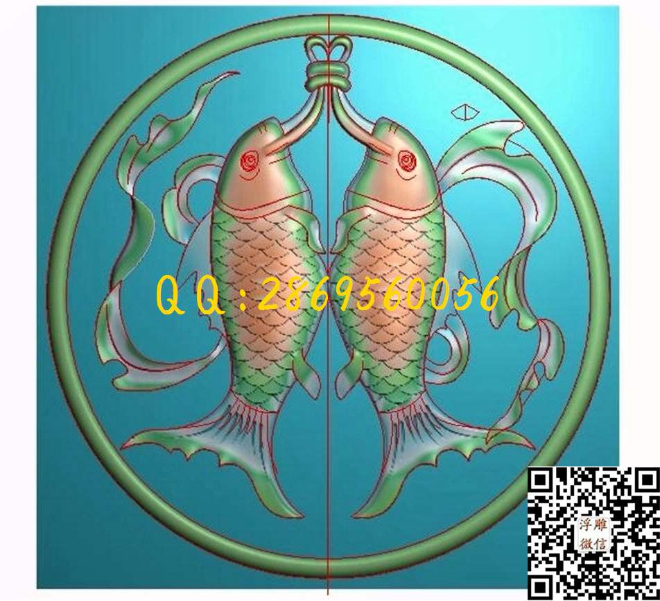 年年有余114-116-3_圆形浮雕图圆屏图双鱼精雕图浮雕图
