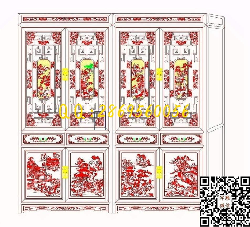 春意书柜（只有线稿）_线条单线图通花矢量图素材激光雕刻精雕图浮雕图
