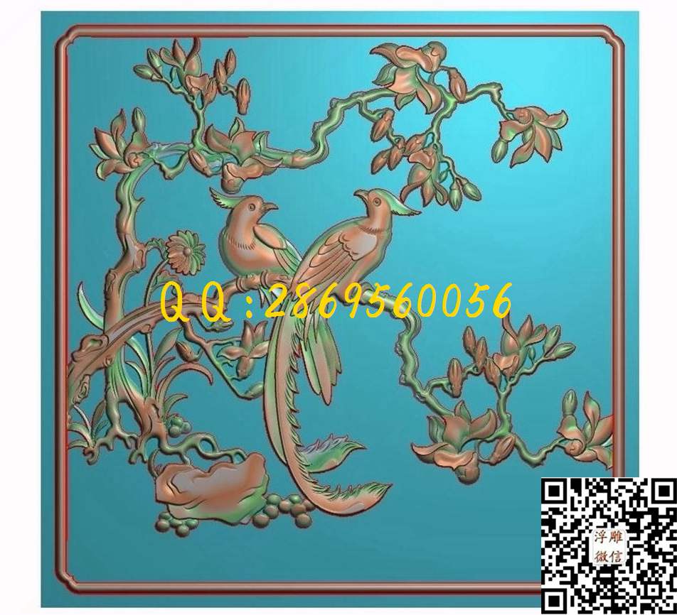 玉兰花鸟门板225-225-3_四季花鸟精雕图浮雕图
