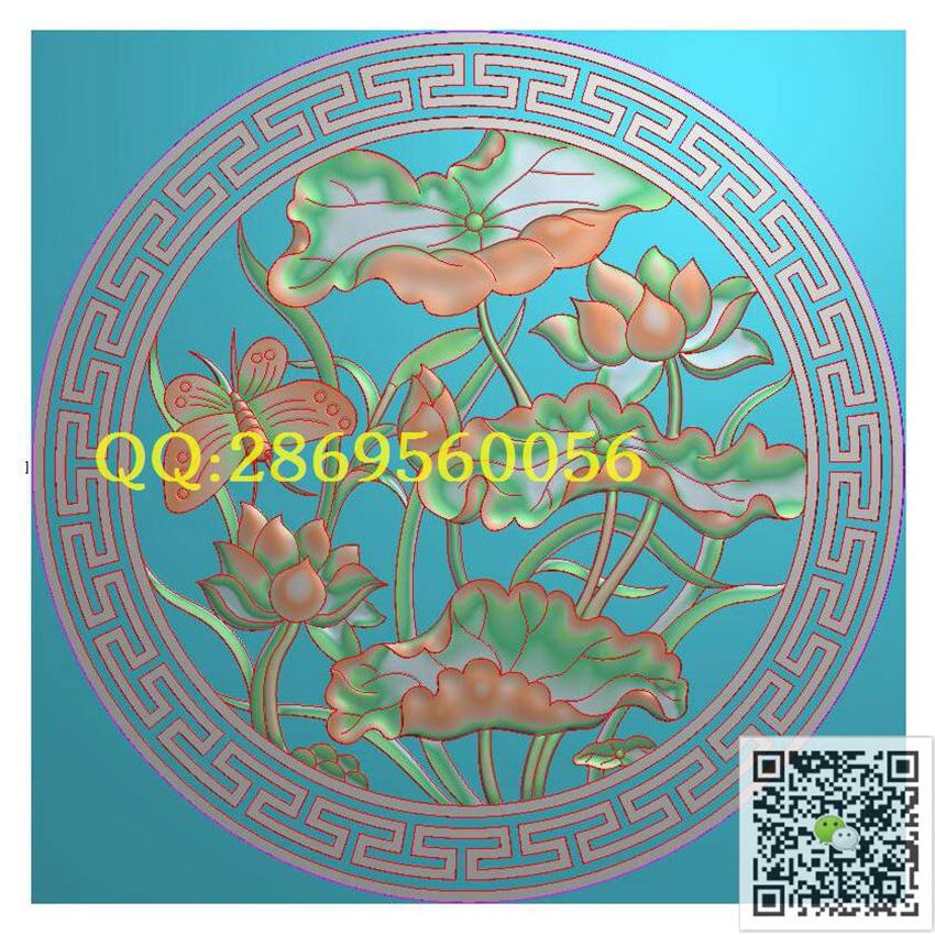 H30回纹荷花蝴蝶1200_圆形挂件挂饰挂匾精雕图浮雕图