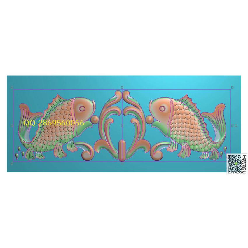 D双鱼600-200_荷花鱼背板鲤鱼屏风双鱼精雕图浮雕图
