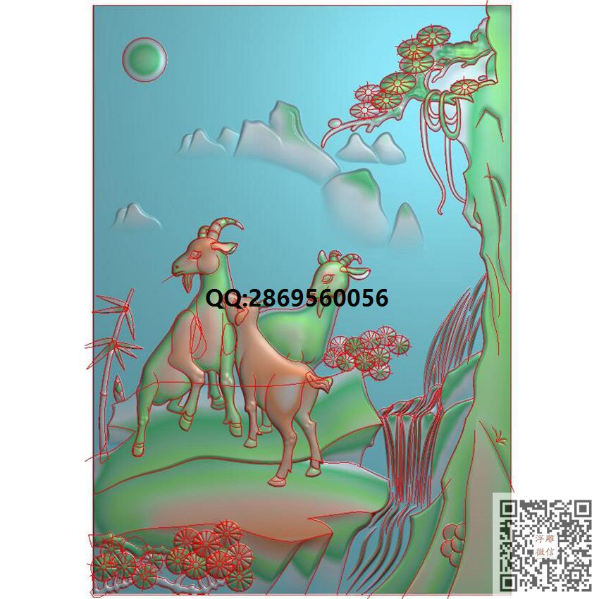 GDY-005山水三羊开泰46牌挂件带线_挂件精雕图仿古牌子浮雕图46牌灰度图兽牌玉雕图精雕图浮雕图