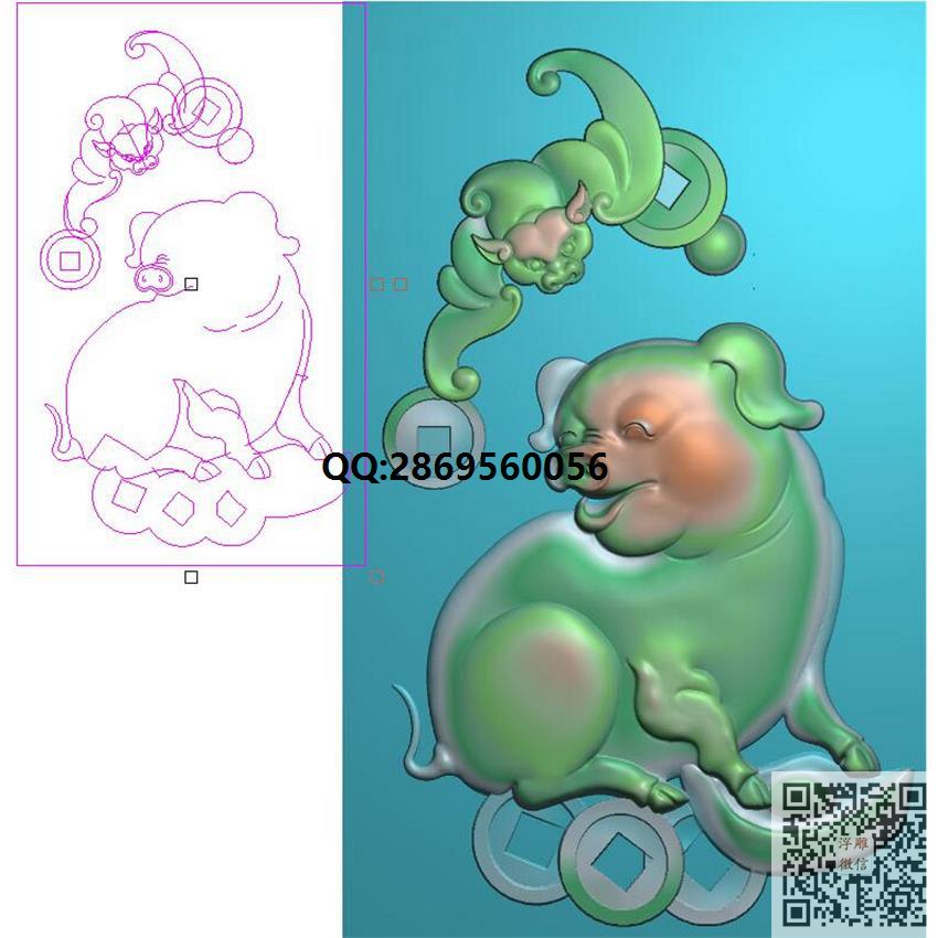 GDZ-027福猪挂件带线_挂件精雕图仿古牌子浮雕图46牌灰度图兽牌玉雕图精雕图浮雕图