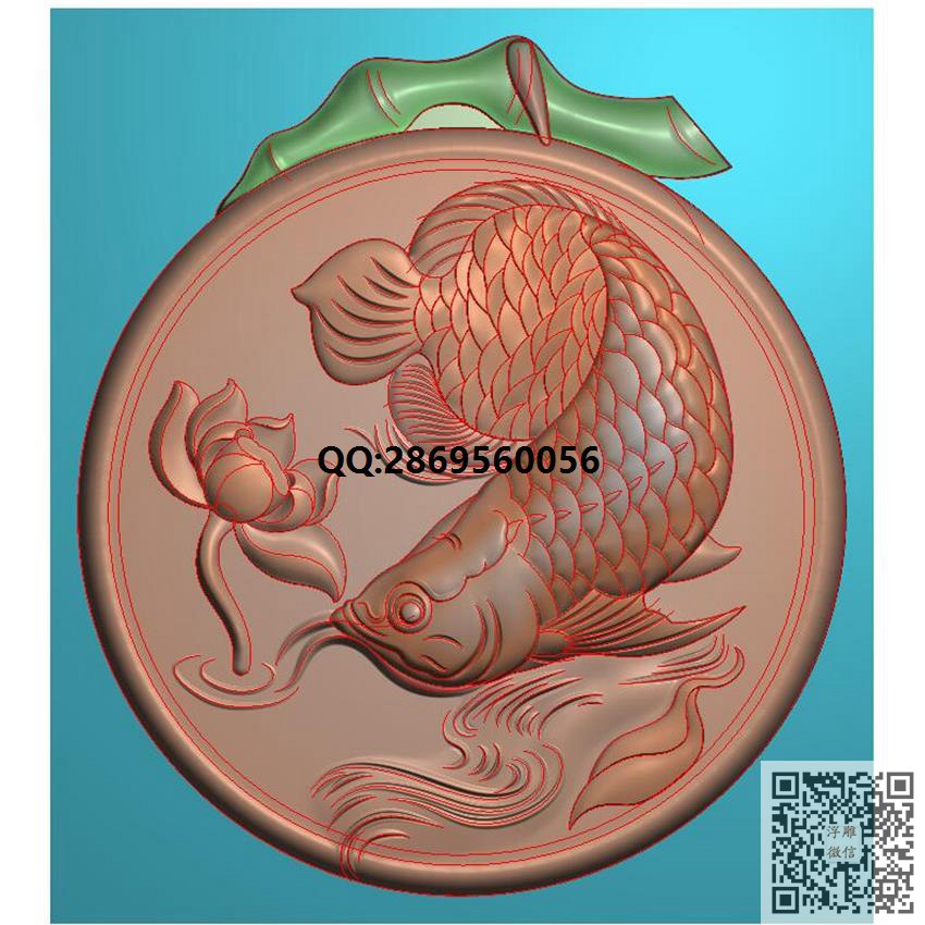GJY-013金龙鱼圆牌挂件带线_挂件精雕图仿古牌子浮雕图46牌灰度图兽牌玉雕图精雕图浮雕图