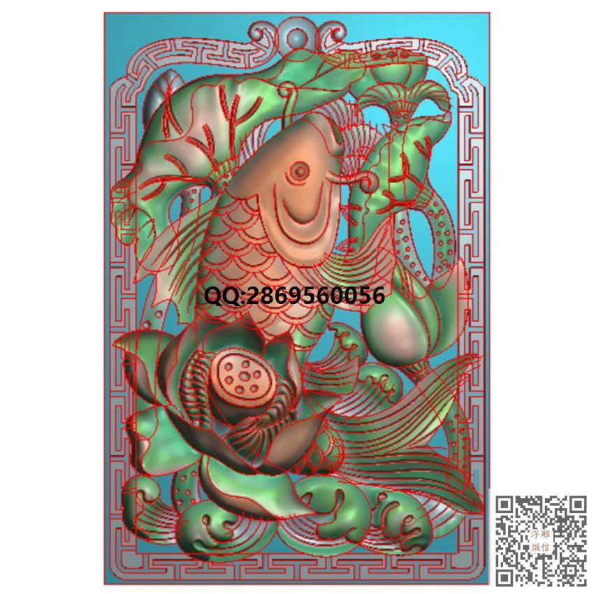 GJY-060荷花鲤鱼46牌带线_挂件精雕图仿古牌子浮雕图46牌灰度图兽牌玉雕图精雕图浮雕图