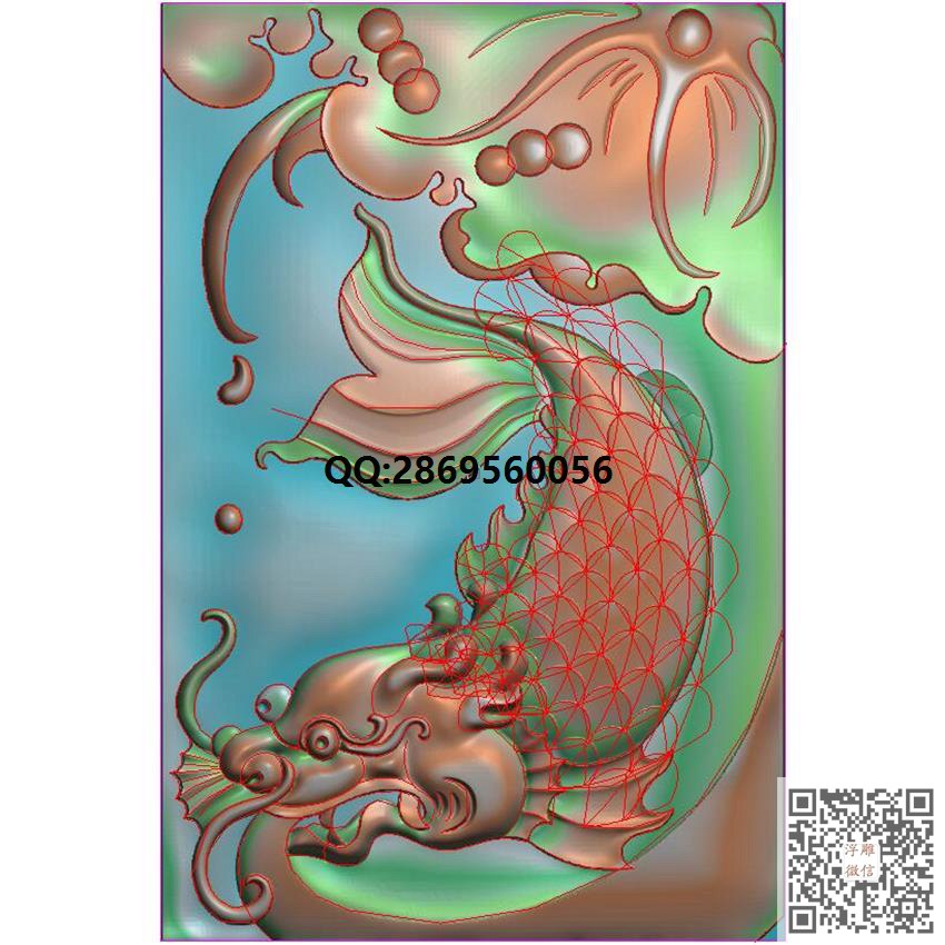 GJY-066龙鱼46牌_挂件精雕图仿古牌子浮雕图46牌灰度图兽牌玉雕图精雕图浮雕图