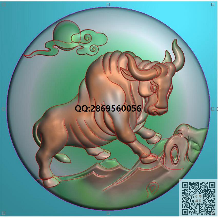 生肖牛8066_挂件精雕图仿古牌子浮雕图46牌灰度图兽牌玉雕图精雕图浮雕图