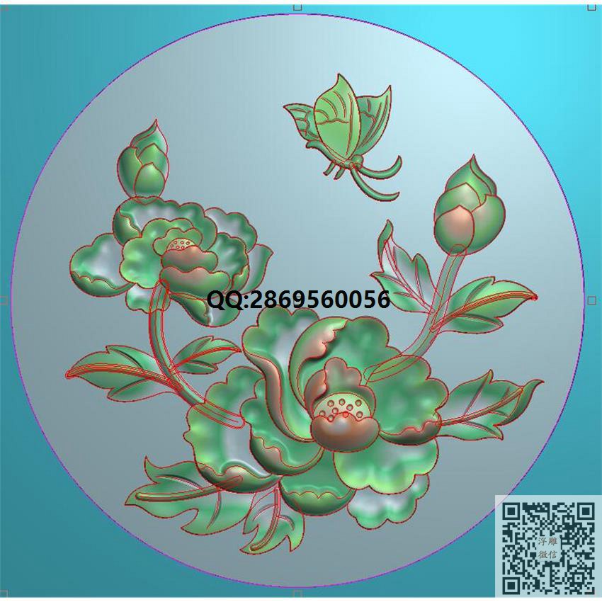 E9F73牡丹花蝴蝶_圆形精雕图圆形浮雕图圆盘挂屏圆挂匾精雕图浮雕图