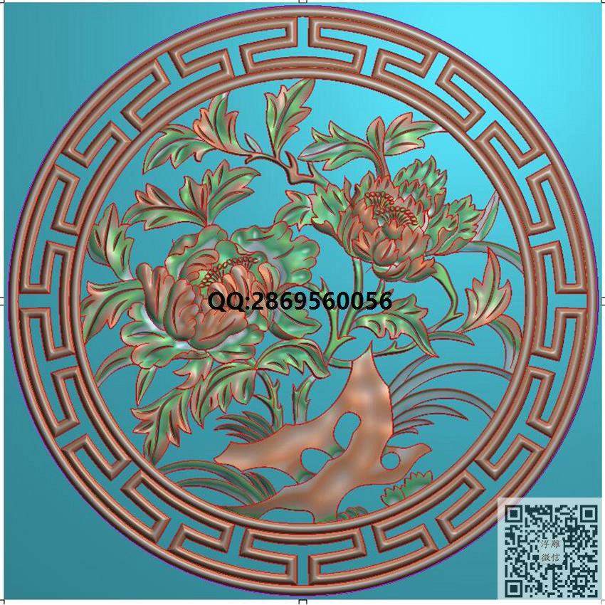 圆盘牡丹花300_圆形精雕图圆形浮雕图圆盘挂屏圆挂匾精雕图浮雕图