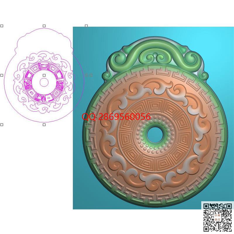 圆形如意洋花圆牌平安扣_仿古挂件玉佩挂坠精雕图浮雕图