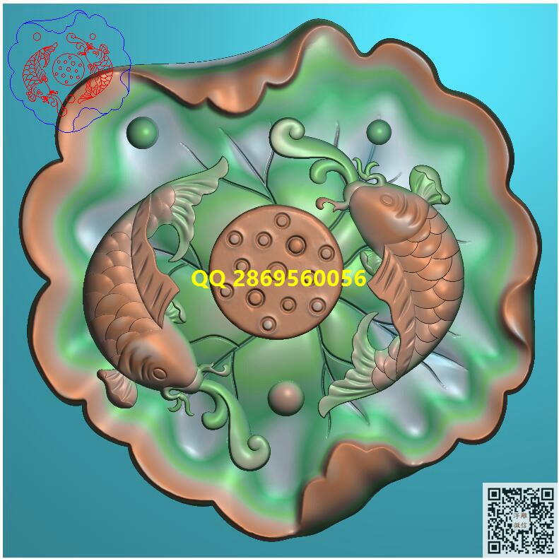 荷叶双鱼香插带线精雕图（GJY-151)_挂件浮雕图案精雕图浮雕图