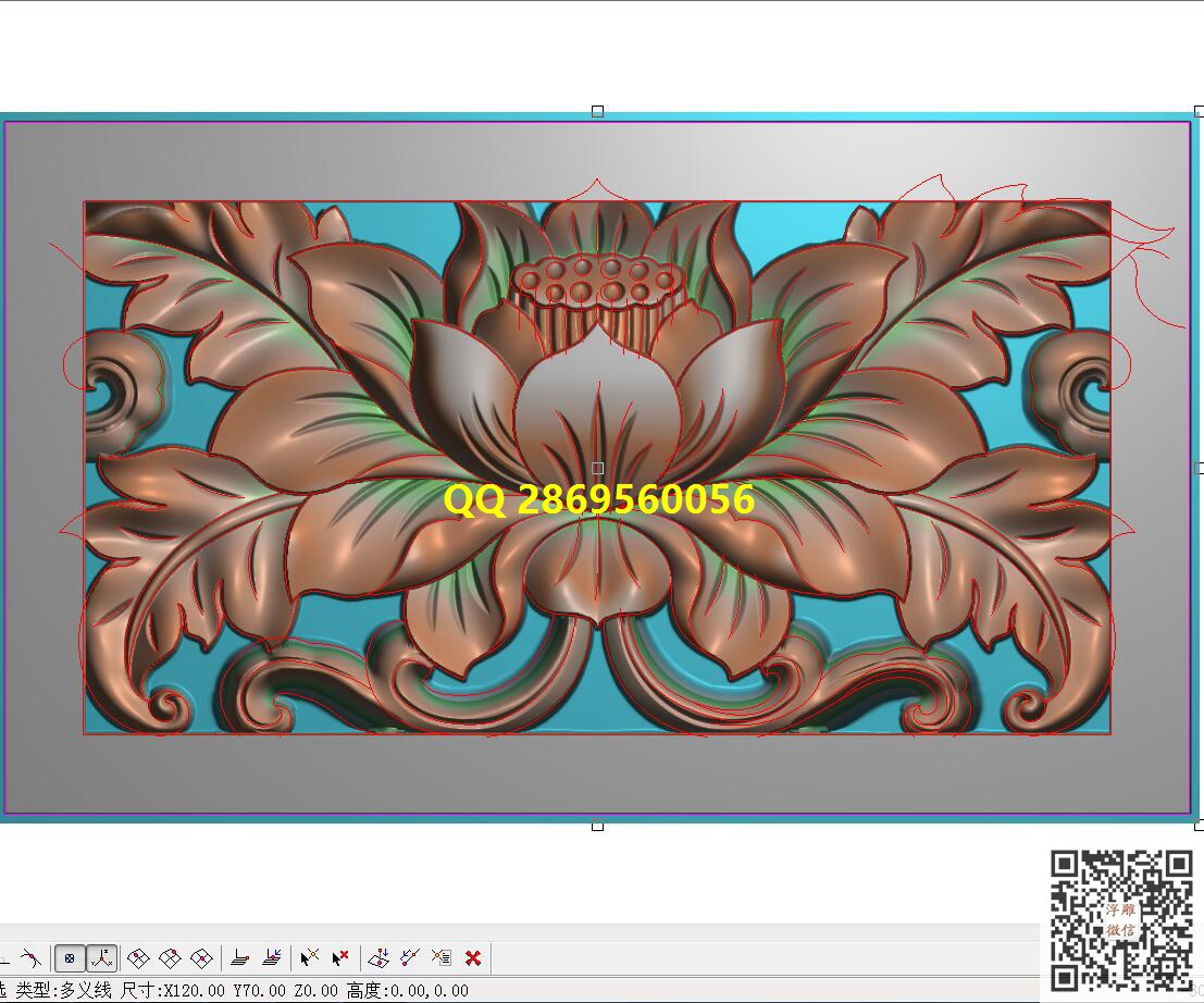 荷花120-70_横板洋花精雕图长方形洋花贴花精雕图浮雕图
