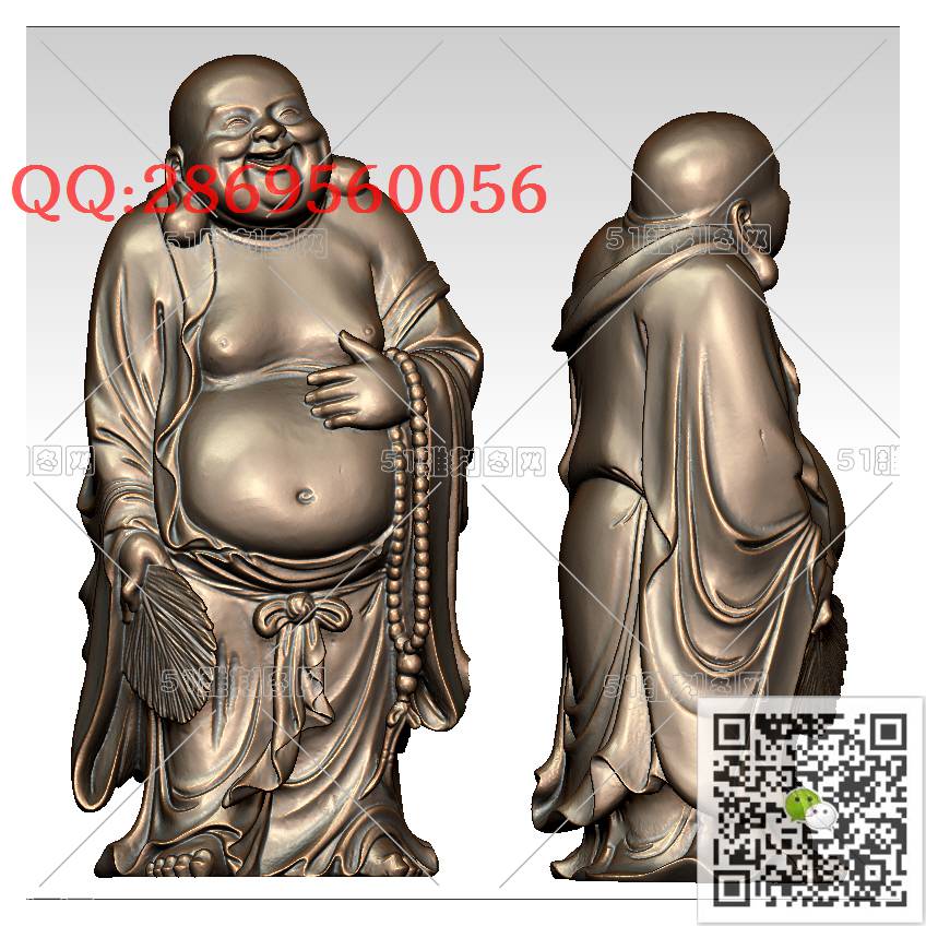 FO-020笑佛持扇弥勒_佛像弥勒佛笑佛3d打印stl圆雕图扫描立体模型多轴数控电脑雕刻精雕图浮雕图