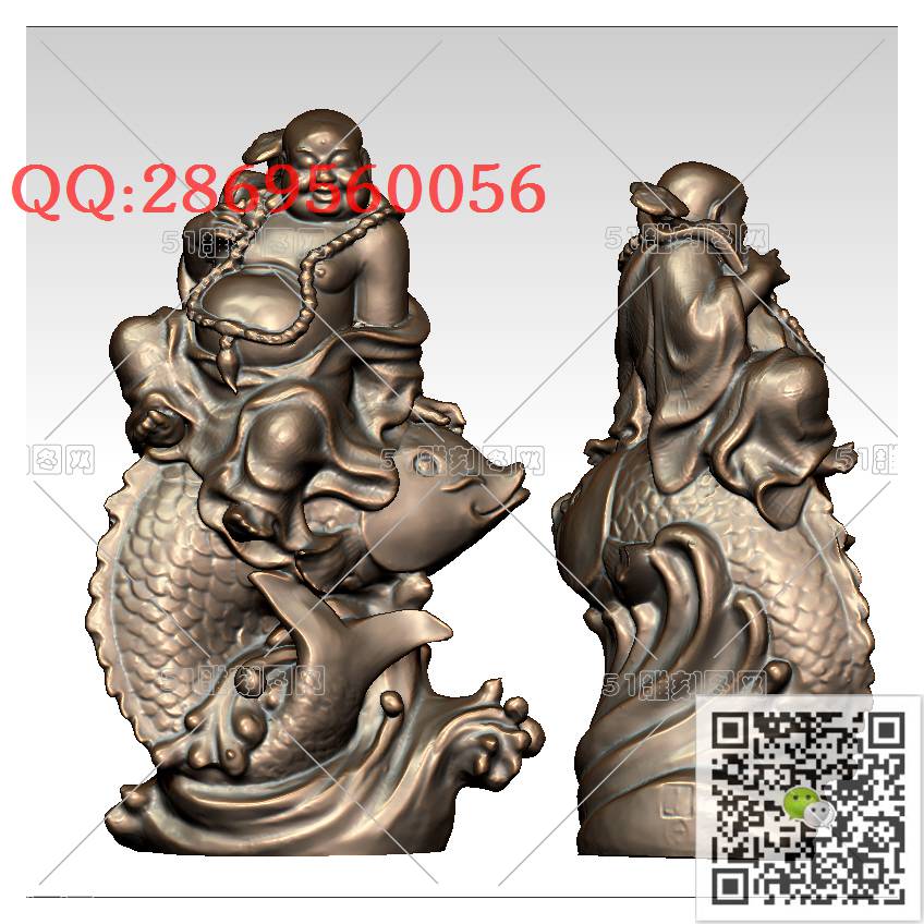 FO-028弥勒坐鲤鱼_佛像弥勒佛笑佛3d打印stl圆雕图扫描立体模型多轴数控电脑雕刻精雕图浮雕图