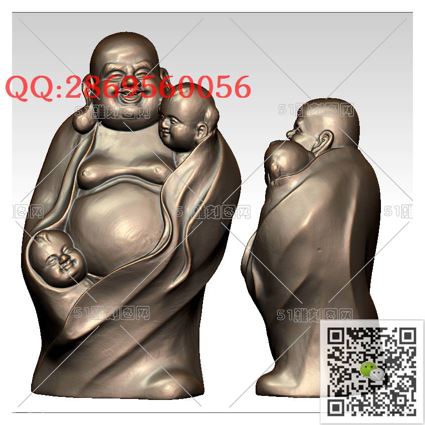 FO-036二子戏弥勒_佛像弥勒佛笑佛3d打印stl圆雕图扫描立体模型多轴数控电脑雕刻精雕图浮雕图