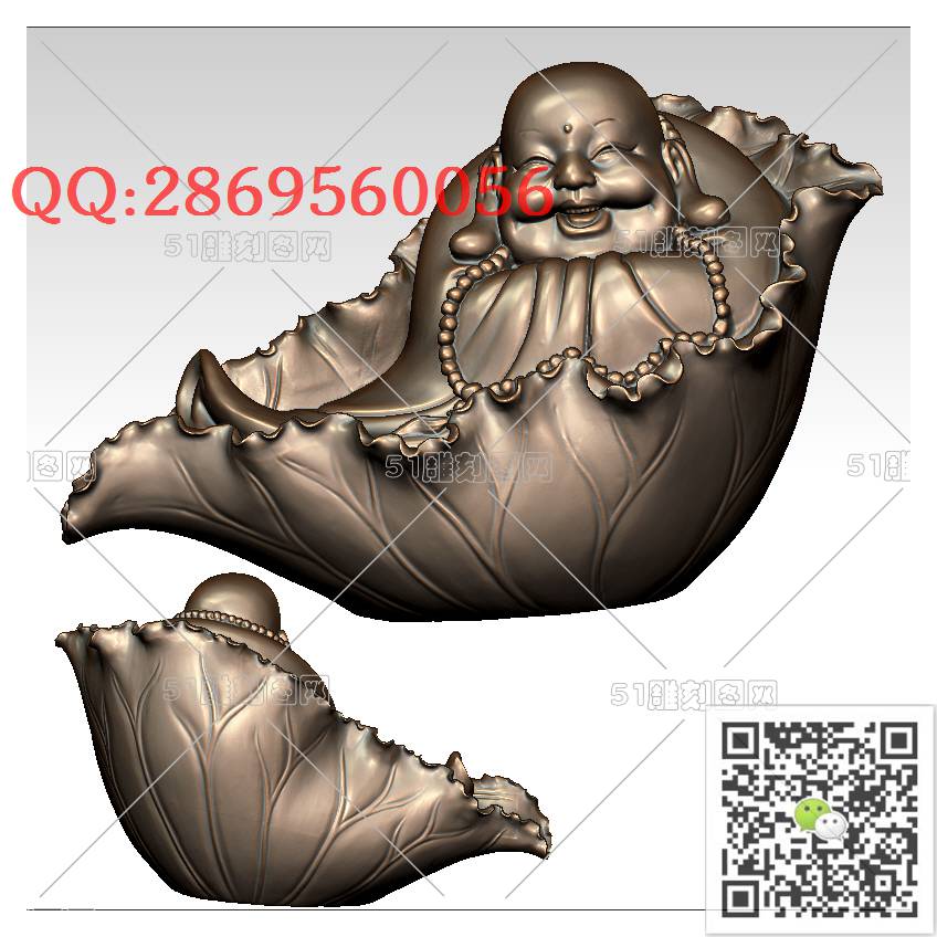 FO-041荷叶抱佛弥勒_佛像弥勒佛笑佛3d打印stl圆雕图扫描立体模型多轴数控电脑雕刻精雕图浮雕图