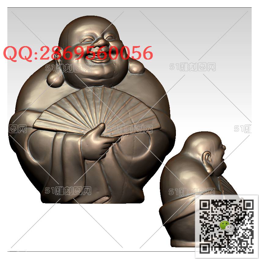 FO-074拿扇子弥勒_佛像弥勒佛笑佛3d打印stl圆雕图扫描立体模型多轴数控电脑雕刻精雕图浮雕图