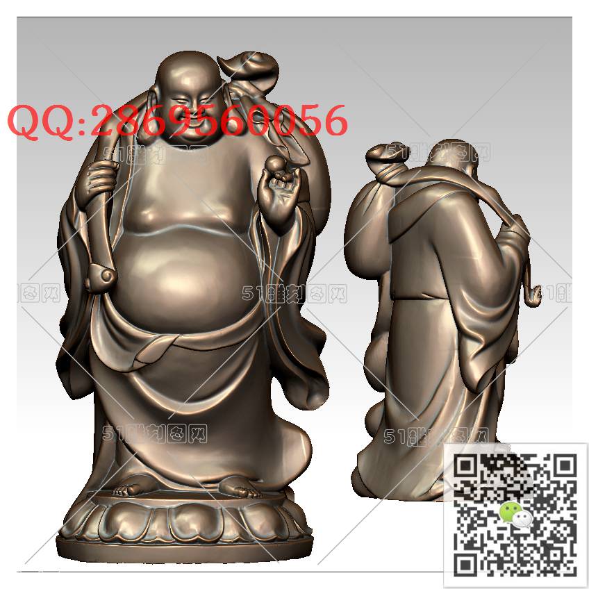 FO-087站立如意布袋弥勒_佛像弥勒佛笑佛3d打印stl圆雕图扫描立体模型多轴数控电脑雕刻精雕图浮雕图