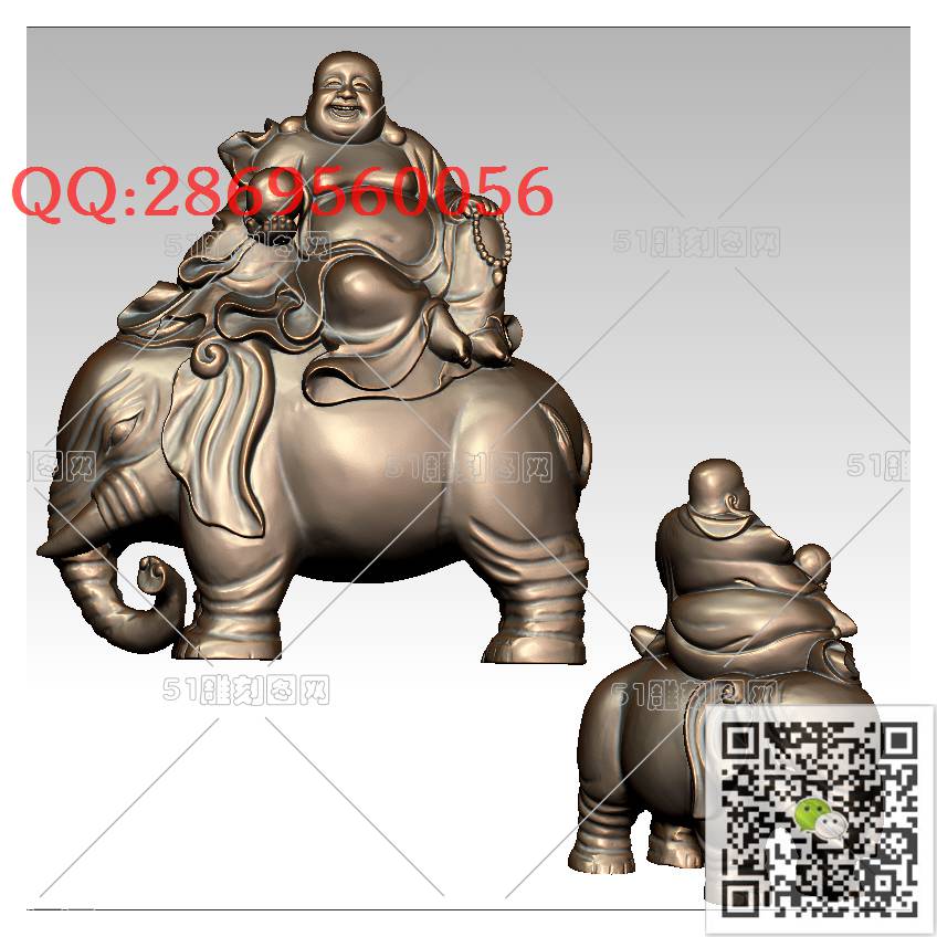 FO-109骑象坐像弥勒_佛像弥勒佛笑佛3d打印stl圆雕图扫描立体模型多轴数控电脑雕刻精雕图浮雕图