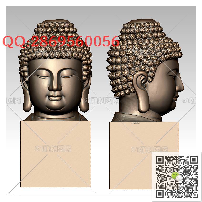 F-023佛头印章_佛祖佛像摆件立体佛如来佛3d打印stl圆雕图扫描立体模型多轴数控电脑雕刻精雕图浮雕图