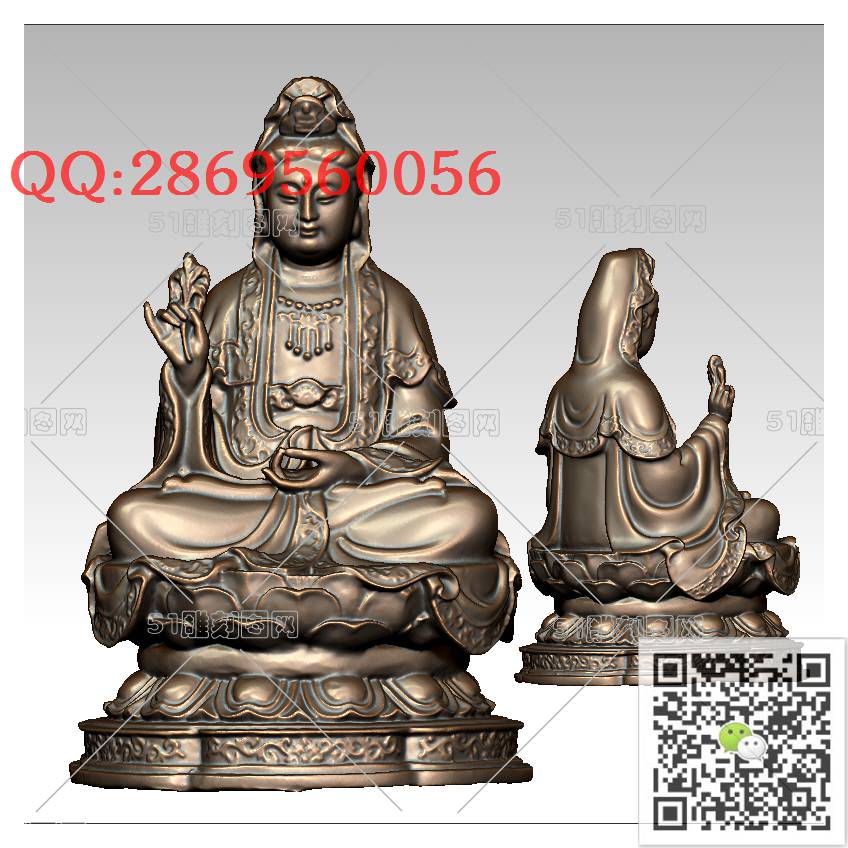 GY-004观音坐莲持叶_观音摆件观音坐像3d打印站立观音stl圆雕图扫描立体模型多轴数控电脑雕刻精雕图浮雕图